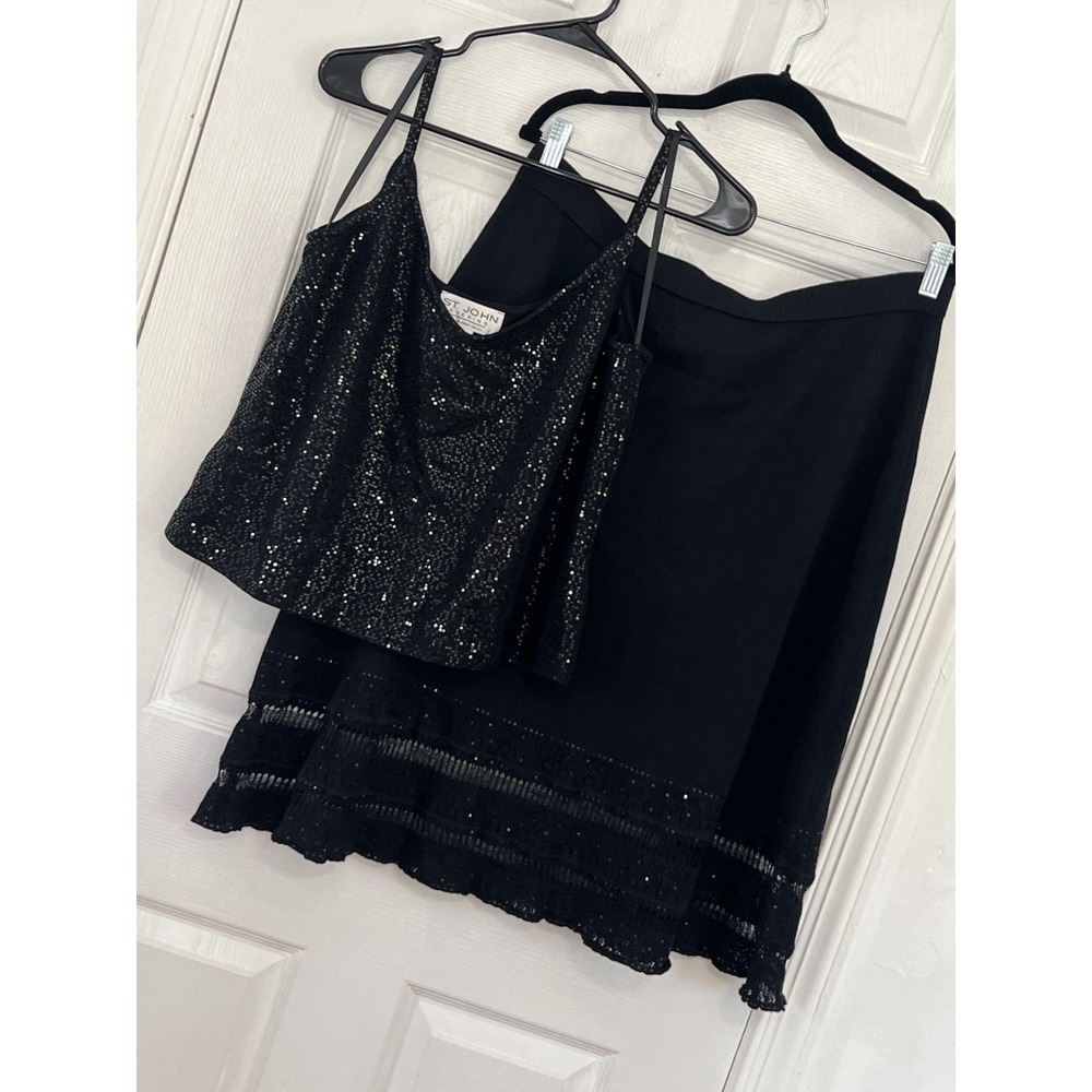 St. John Evening Black Sequin Cami & Skirt Set XL Formal Wedding Cocktail Luxe - Picture 2 of 14